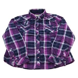 Bit & Bridle Womens Purple‎ Plaid Horse Print Western Shirt Size L
